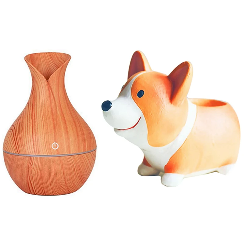 

Promotion! Essential Humidifier Aroma Oil Diffuser Wood Grain Ultrasonic with 1Pc Creative Resin Corgi Succulent Plant Pots