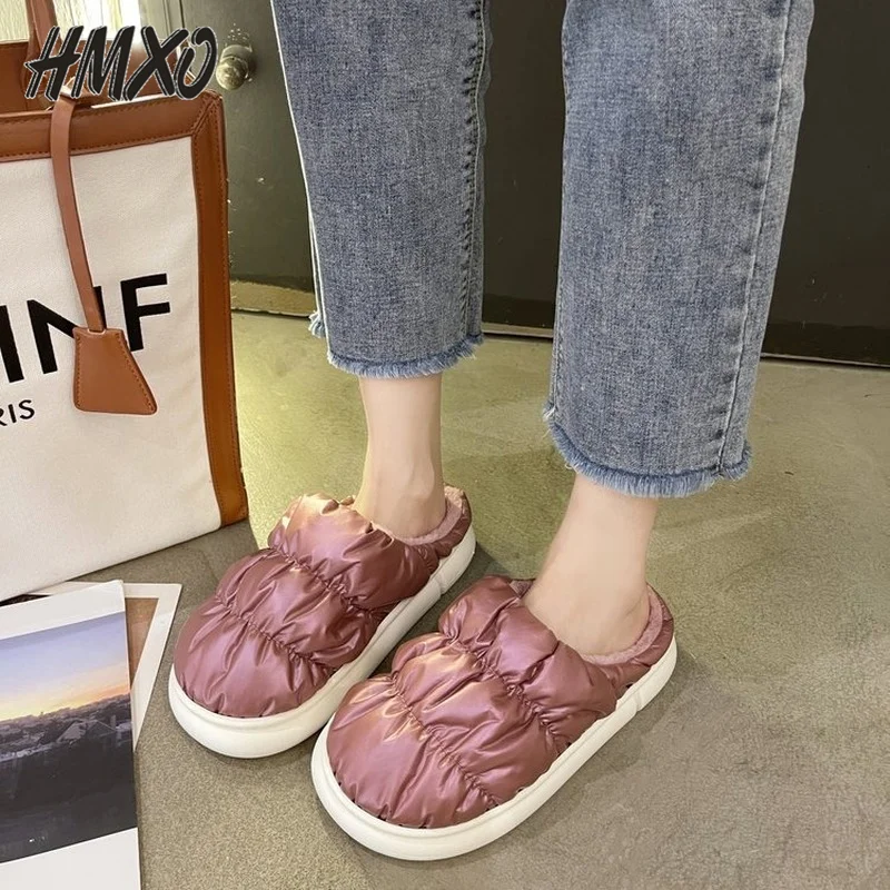 

HMXO Winter Down Feather Waterproof Baotou Home Indoor Flat Cotton Slippers Plush Slippers Outer Wear Fold Warm Cotton Slippers