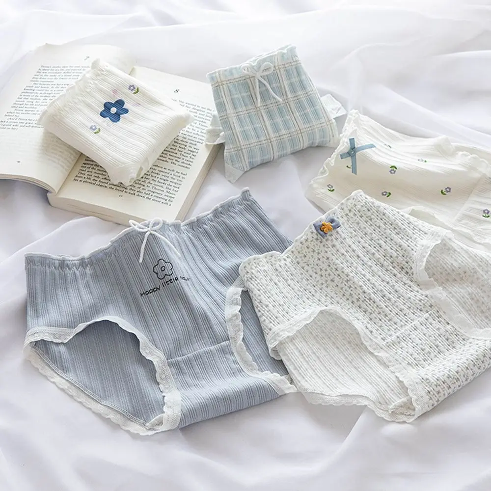 Корейские трусики со средней талией и бантом клетчатые с принтом милые кружевные