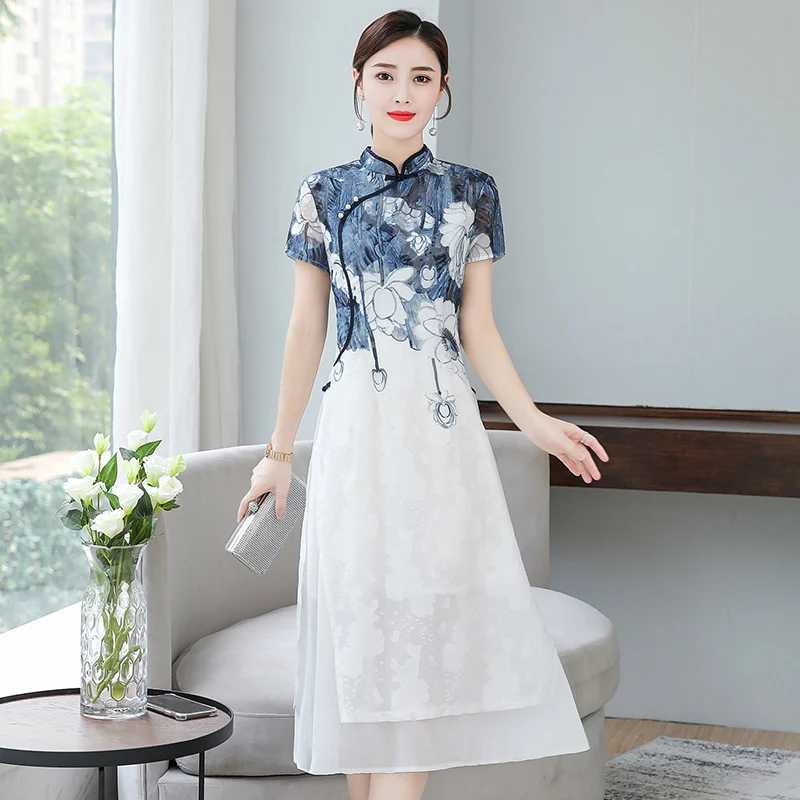 Женское платье в китайском стиле длинное летнее с коротким рукавом улучшенное