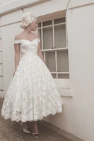 2015 elegant white lace bridal gown off the shoulder mid calf short plus size a line wedding dresses free shipping