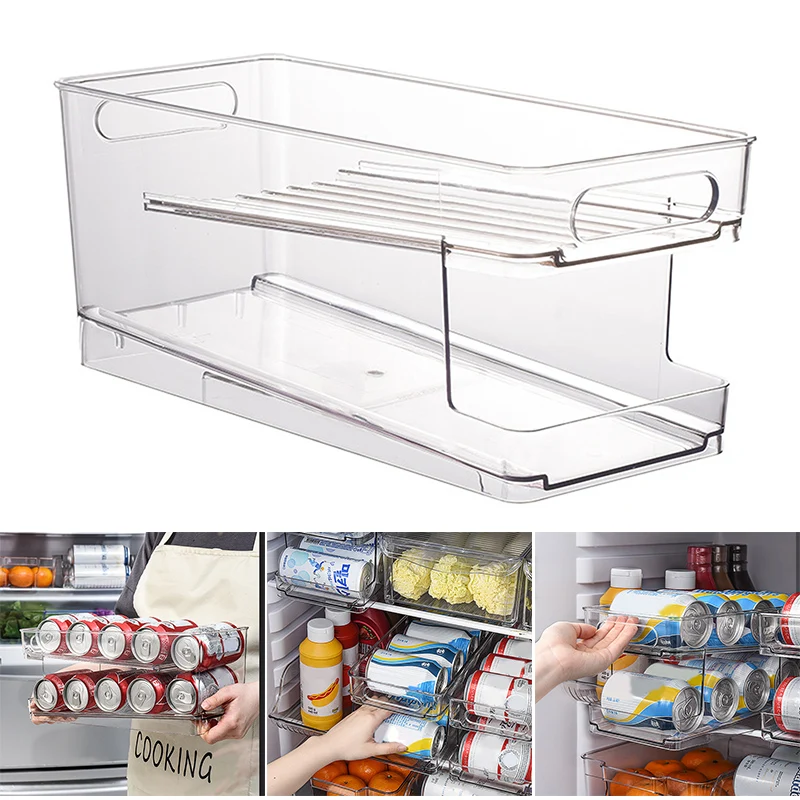 

2-Tier Rolling Refrigerator Organizer Bins Soda Can Beverage Bottle Holder For Fridge Kitchen Plastic Storage Rack Container