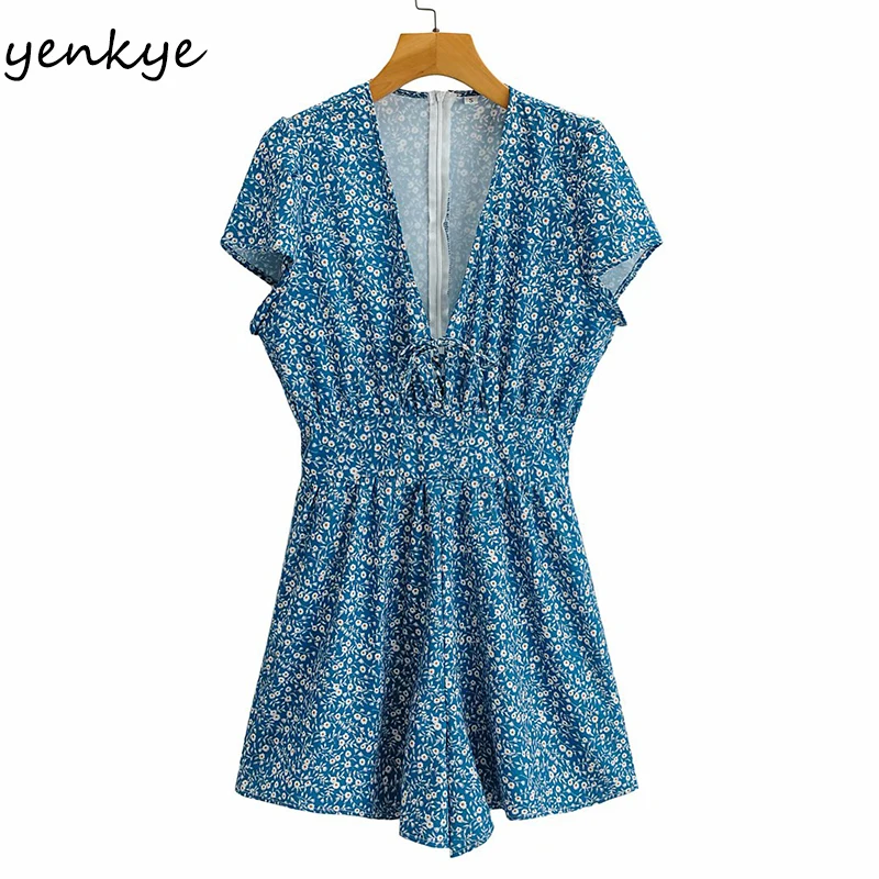 

YENKYE в винтажном стиле Цветочный принт комбинезон женский сексуальный v-образный вырез с коротким рукавом; Для выходных; Пляжный комбинезон ...
