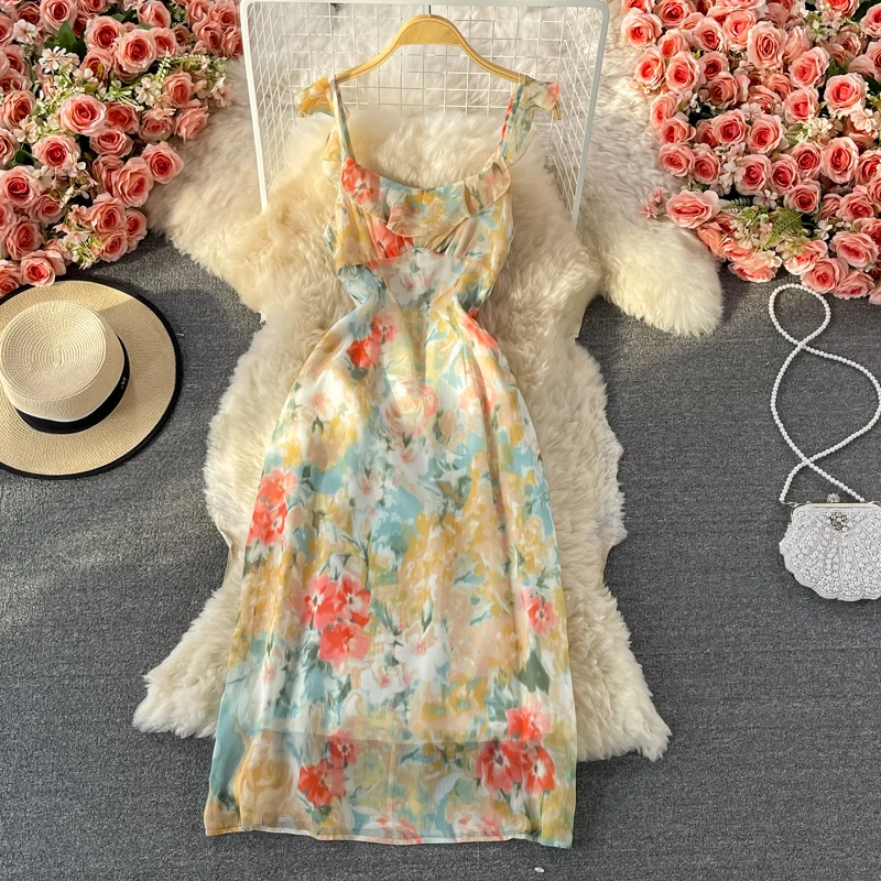 

Female Sexy Beach Dress Halter Backless Women Dresses Summer Boho Vacation Floral Print Dress Vintage Elegant Ruffle Sundress