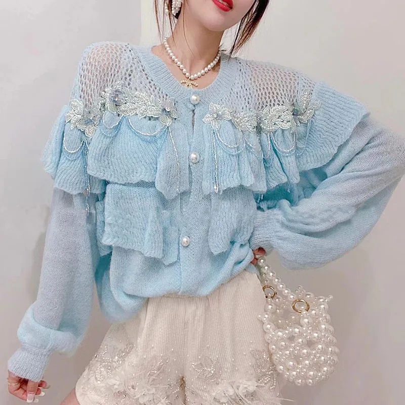 

2021 Autumn New Heavy Industry Beads Tassel Ruffled Splicing Knitwear Loose Sweater Cardigan Top Coat for Women