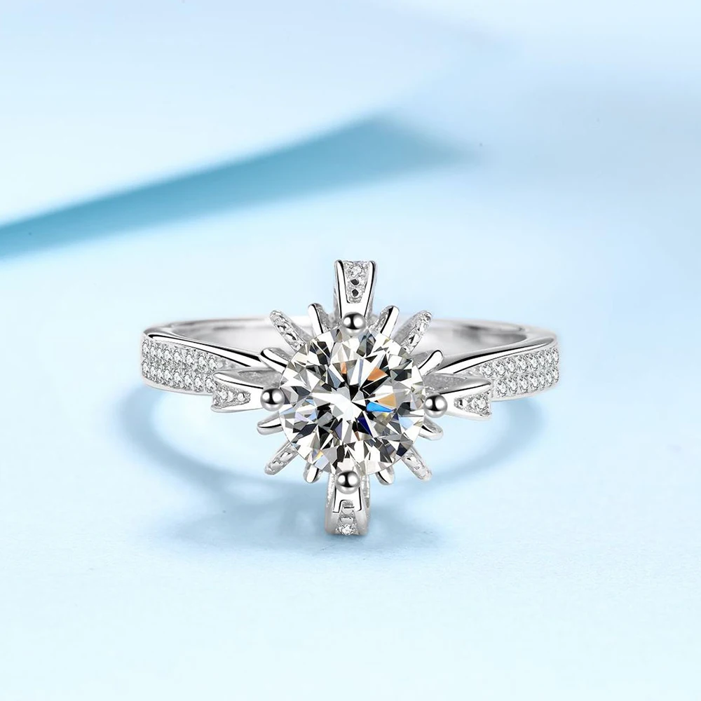 

Round Cut VVS1 Moissanite 925 Sterling Silver Rings Classic Style Diamond Silver Flowers Jewelry for Women Fashion Setting