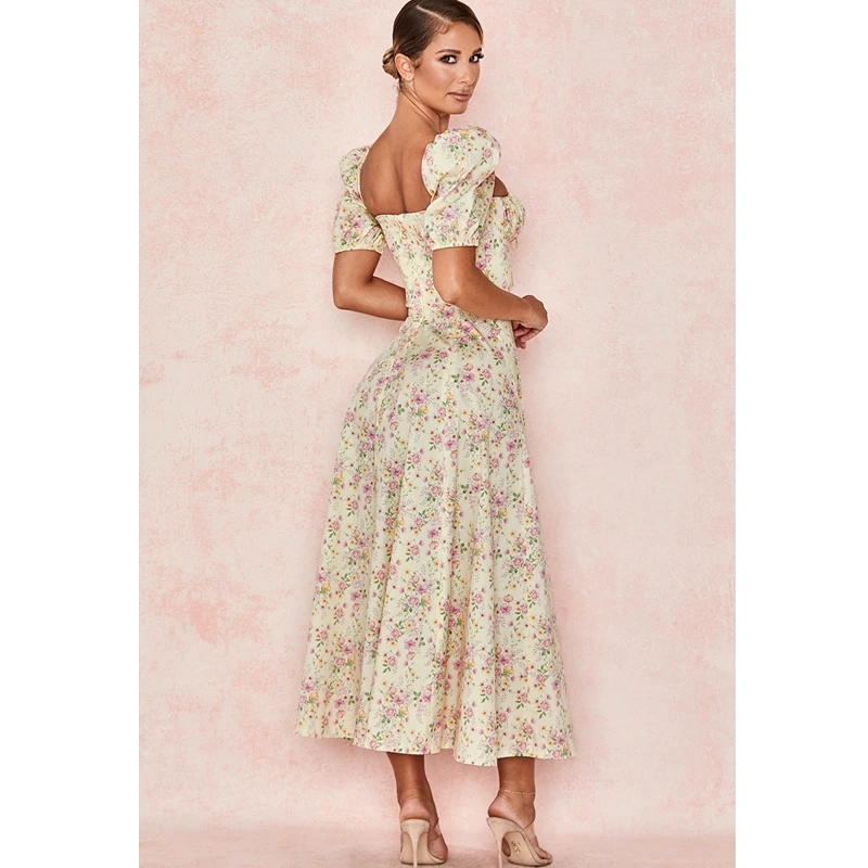 

WEPBEL Summer Fashion Floral Print Lace-up Dress Women's Casual Split Square Collar Puff Sleeve Short Sleeve Backless Dress