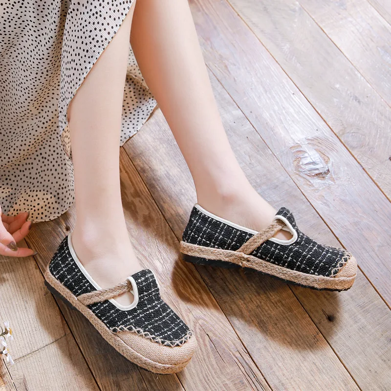 

Spring Linen Literary Car Stitching Plaid Breathable Cloth Shoes Women's Sneakers Zapatillas Mujer Flats Shoes Chaussure Femme