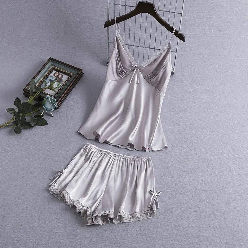 

Spaghetti Strap Pajamas Women's Summer Thin Sexy Ice Silk Vest Shorts Two Piece Suit Korean Loose Large Size Home Clothes