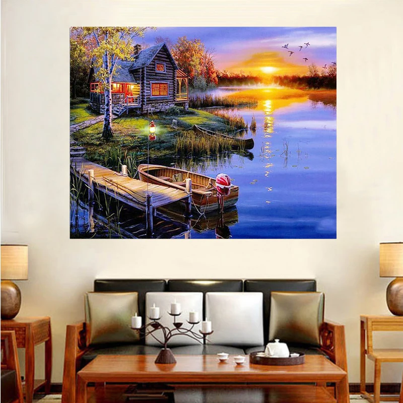 Алмазная картина &quotсделай сам&quot Сказочный Дом у озера лодка вышивка крестиком