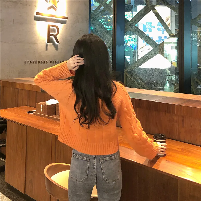 Autumn Winter New Women's Short Pullovers Sweater Twist Knitting Full Sleeve Solid Fashion Vintage Casual Tops T98506D