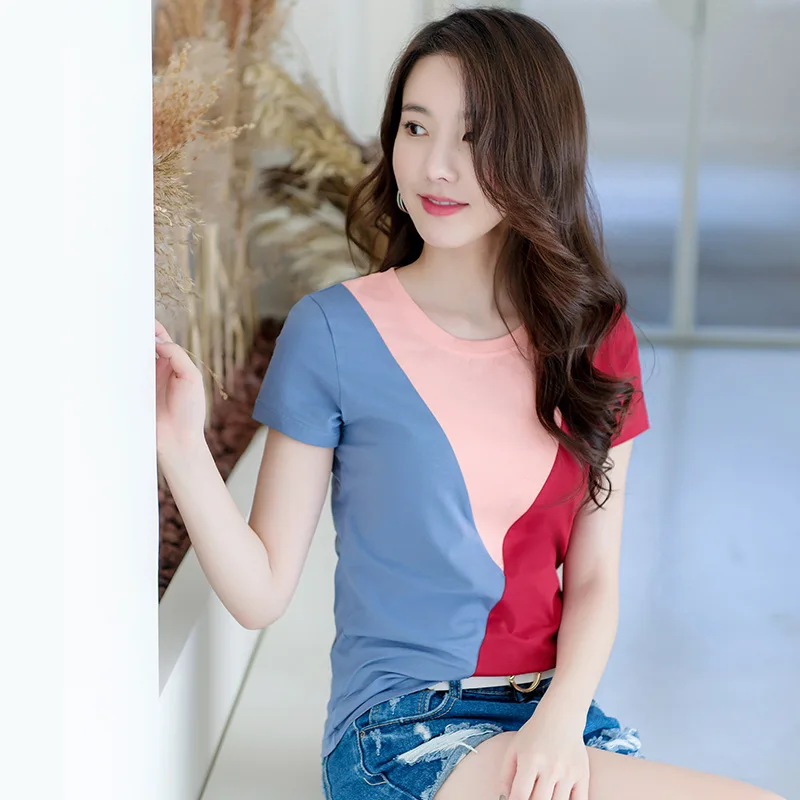 

BabYoung New Short Sleeve T-shirts Women Designer Summer Style O-Neck Cotton Slim Tops for Women Patchwork T Tee Shirt Femme