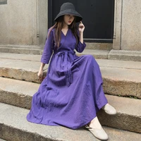 vintage hand embroidery stitching v neck elegant dress autumn fashion solid color ladies loose long with sashes