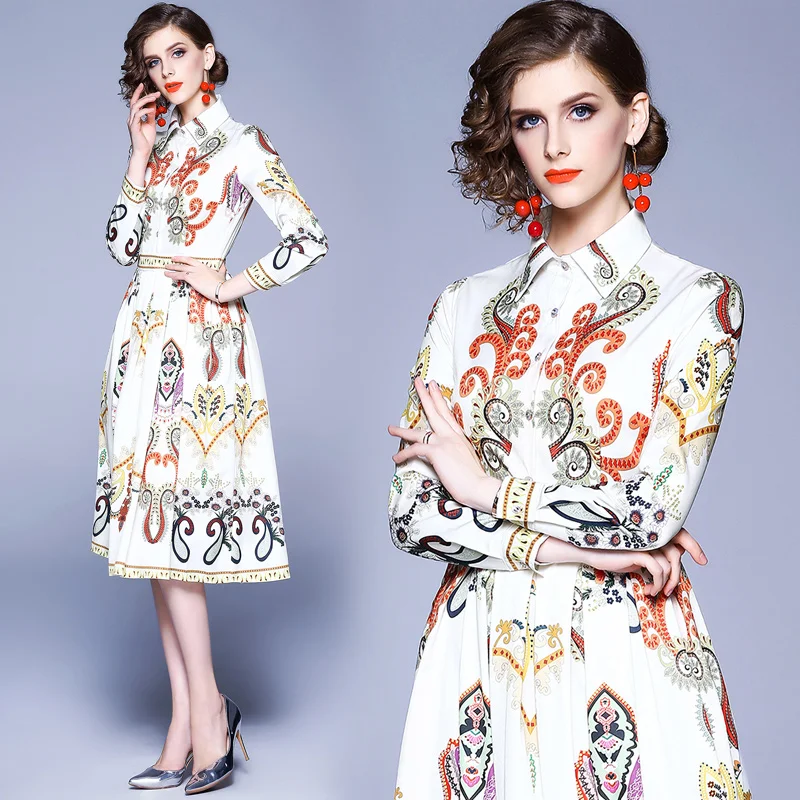 В винтажном стиле С принтом женские осеннее платье с длинными рукавами