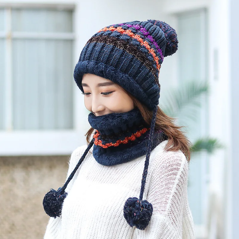 

Winter cute hanging long ball warm woolen ladies color matching wild ear protection cold-proof knitted hat