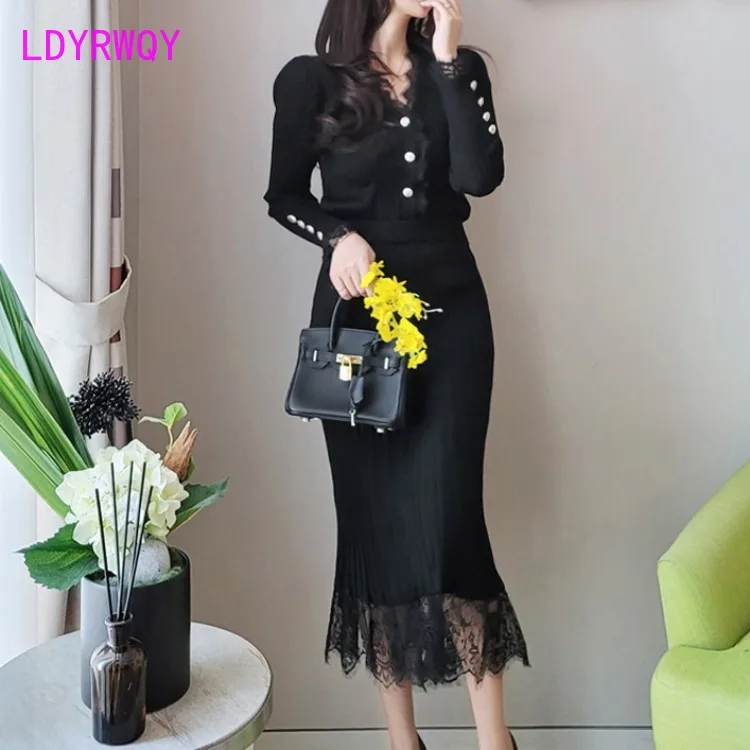 

Spring new socialite temperament V neck sweater lace skirt skirt Single Button Office Lady