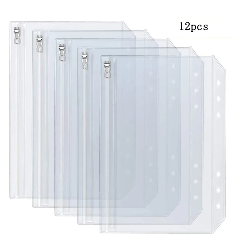 

12PCS Convenient Clear PVC A5 A6 Binder Pockets Clear Zipper Folders For 6-Ring Notebook Binder Files Reports Binder