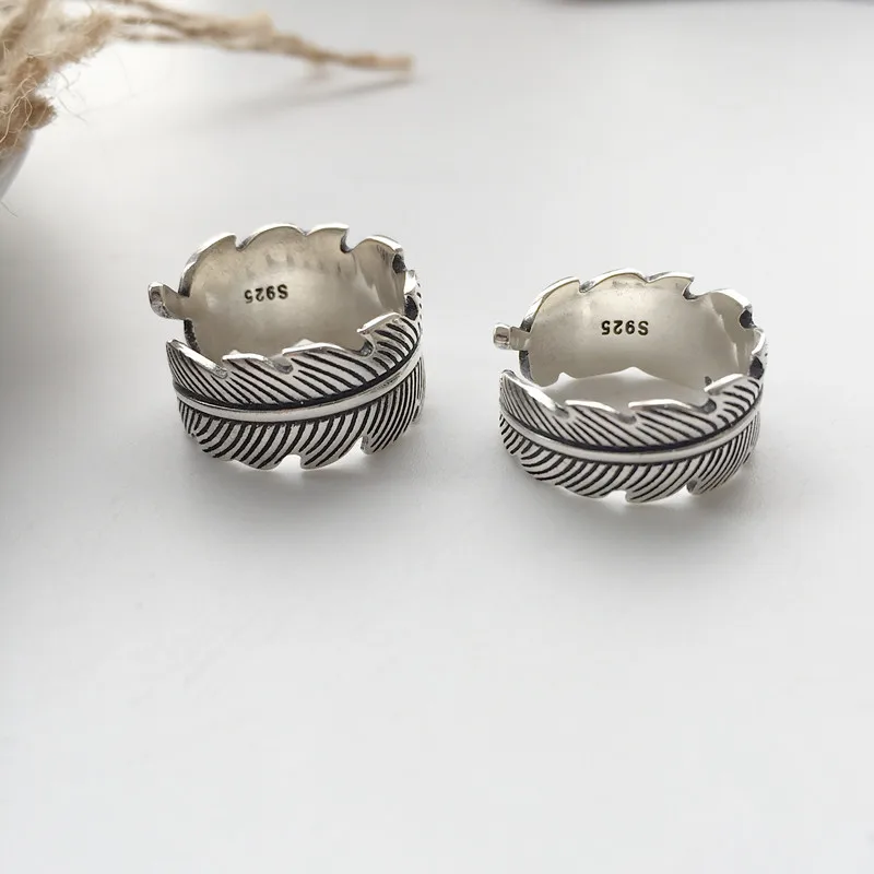 Antique Feather Couple Ring Real 925 Sterling Silver Wide Big Rock Adjustable Women Men Korean Jewelry | Украшения и аксессуары