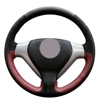diy customize braiding black leather wine red leather black suede car steering wheel cover for honda old city fit jazz
