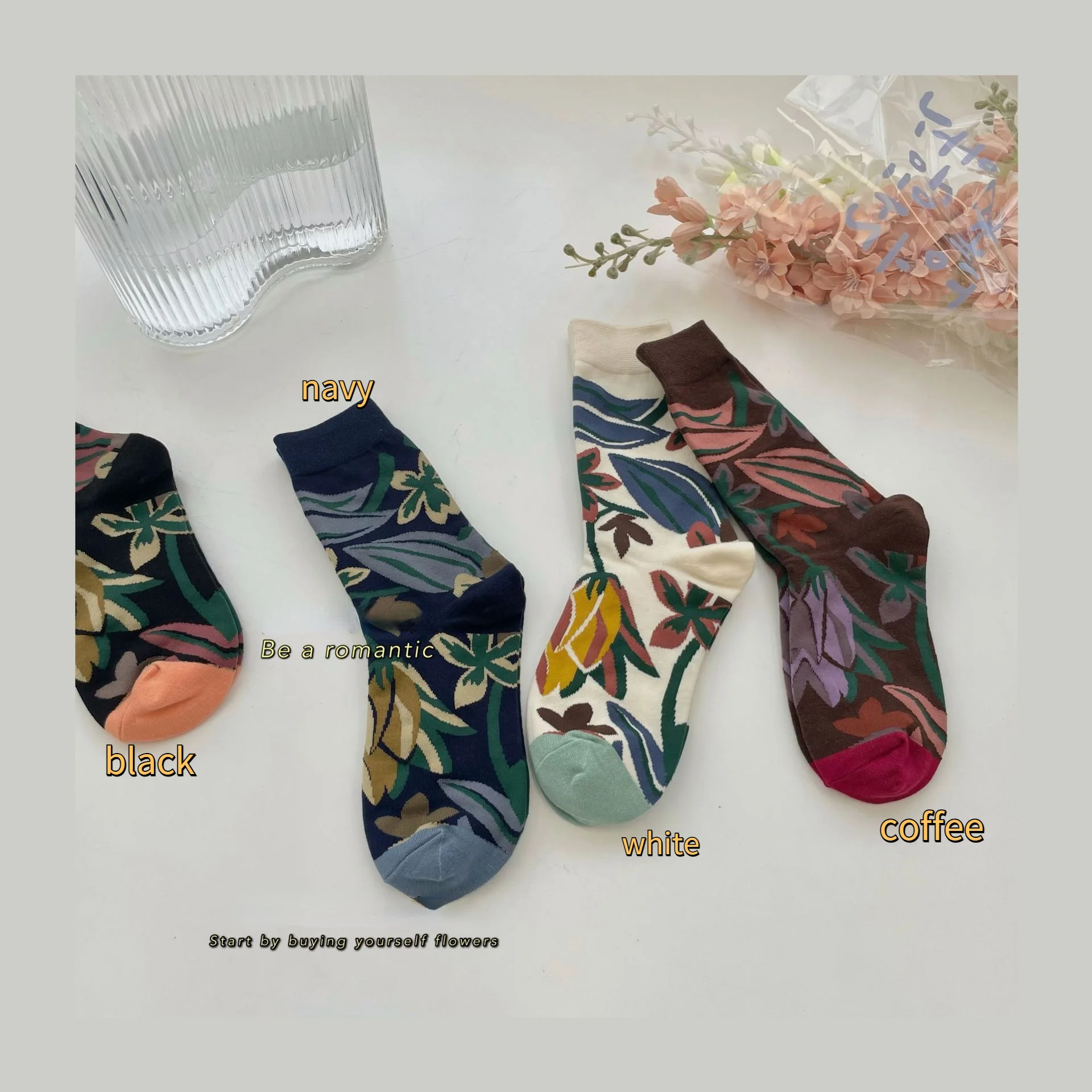 

Socks Women New Tube Socks Plant Flower Print Tube Socks Illustration Jacquard Fashion Retro Cotton Socks Ins Trend Casual Socks