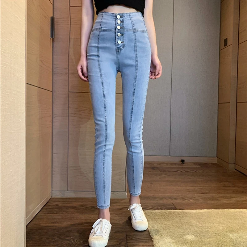 

Women's Slim High Waist Multi-Buckle Pencil Ankle Jeans Blue