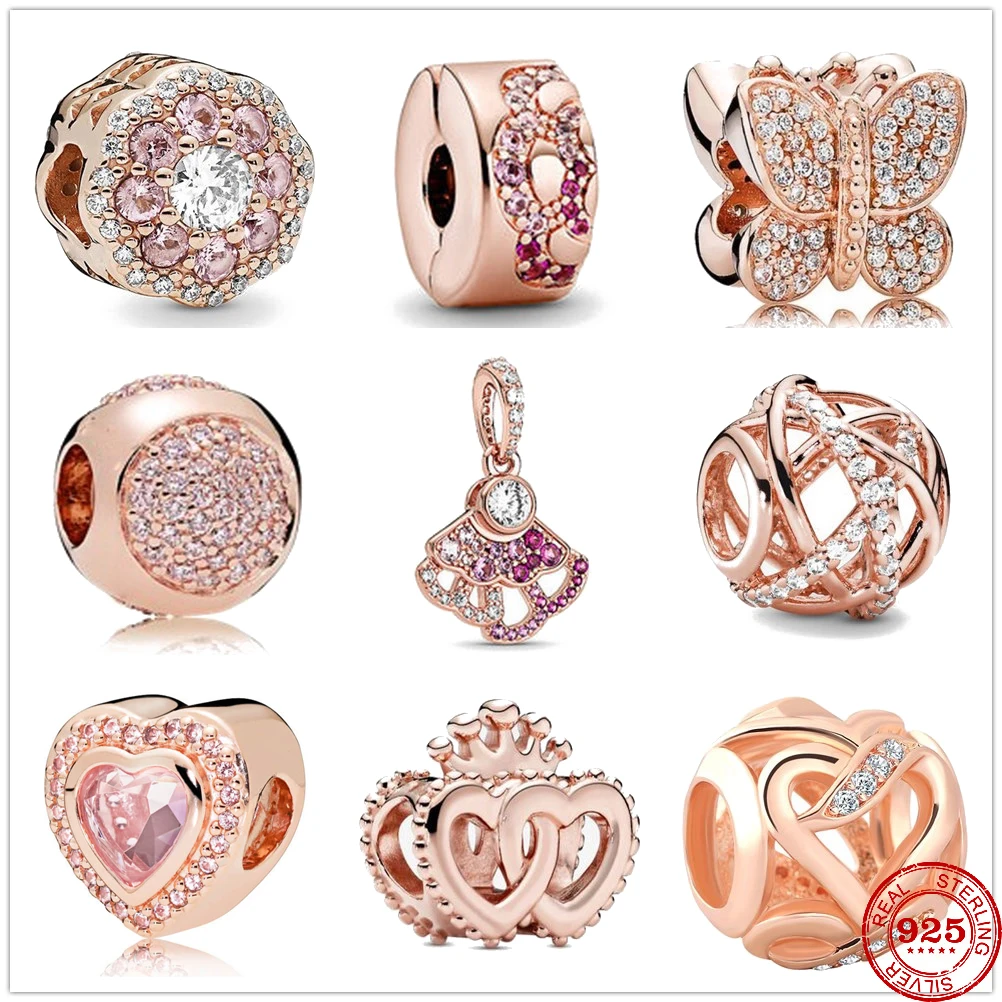 New 925 Sterling Silver Pink Fan Butterfly Love Heart Rose charm DIY beads Fit Original Pandora Charms Bracelet Jewelry making | Украшения