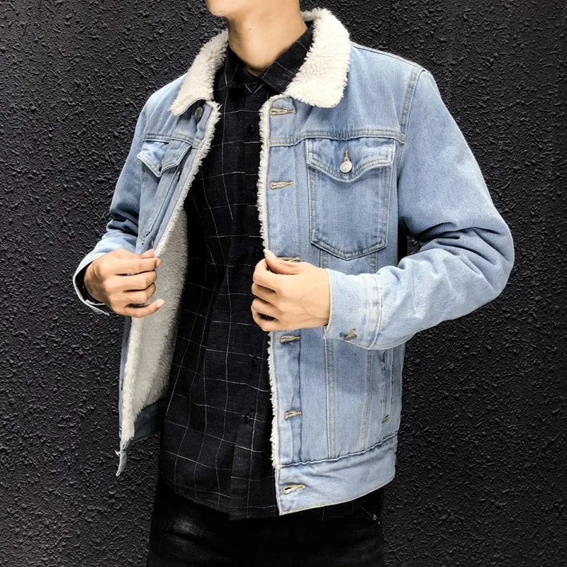 2020 зимняя джинсовая куртка мужская повседневная Флисовая теплая Толстая Бомбер