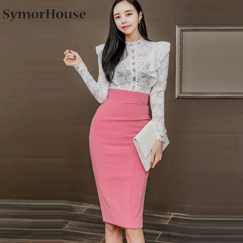 

2022 New 2 Pieces Sets Ruffle Hollow White Lace Shirts Tops And Bodycon Women Pencil Skirts Office Lady OL Simple Series Suits