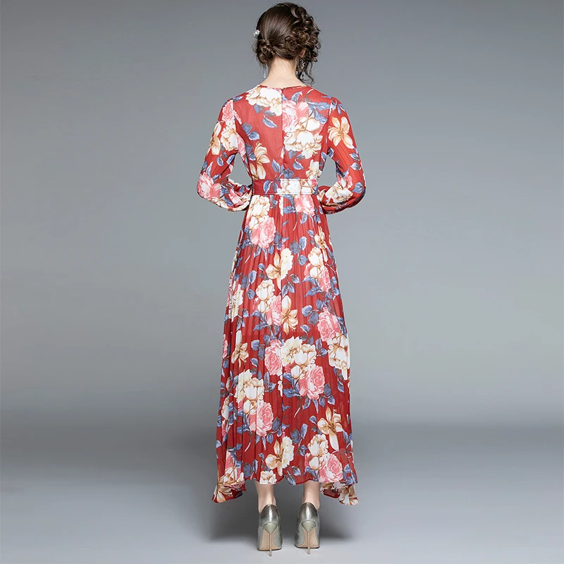 

FUCHAO 2021 Spring and Autumn Bohemian Chiffon Print Big Swing Dress Holiday Long Skirt With Belt