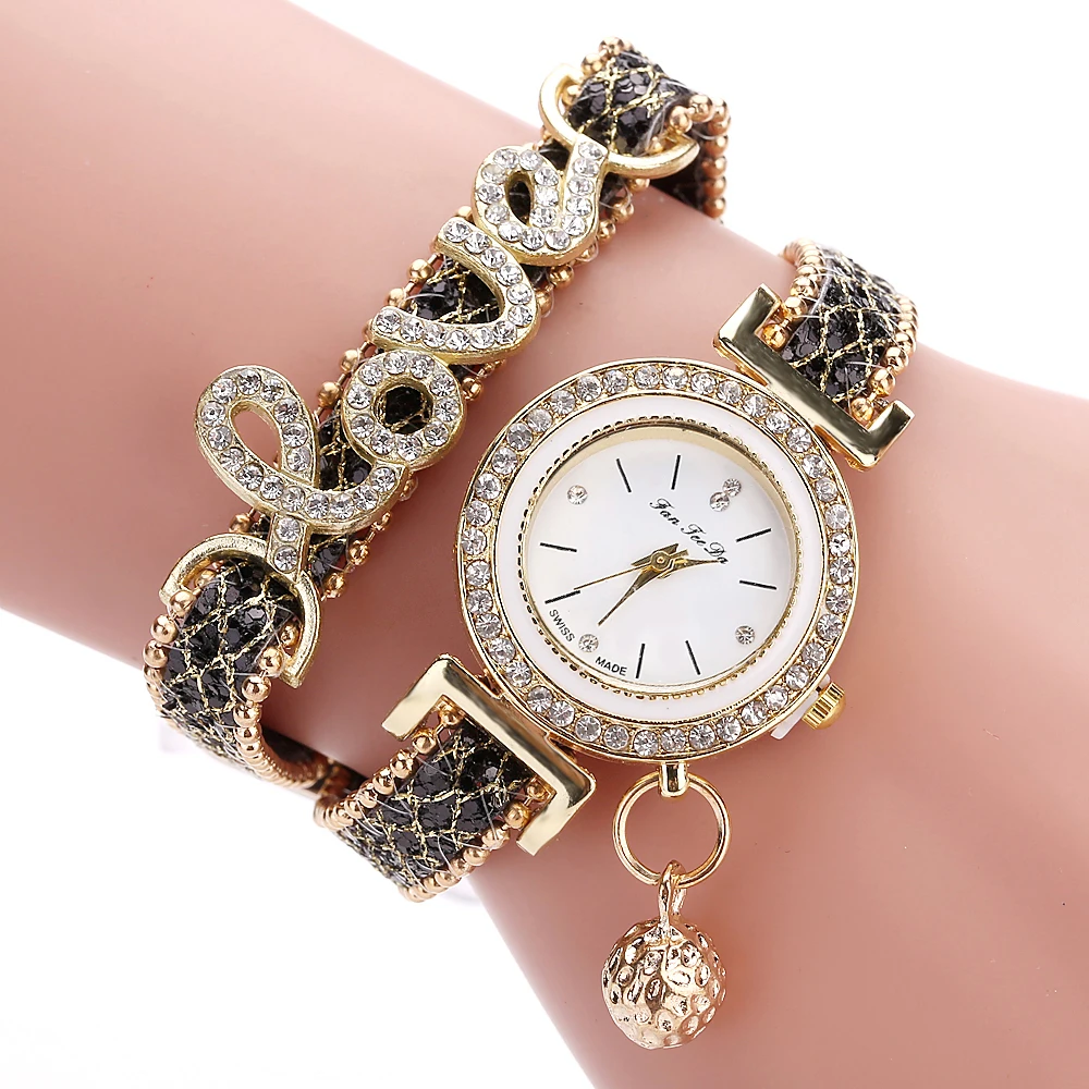 

Brand Women Bracelet Watches Ladies Love Leather Strap Rhinestone Quartz Wrist Watch Luxury Fashion Quartz Watch