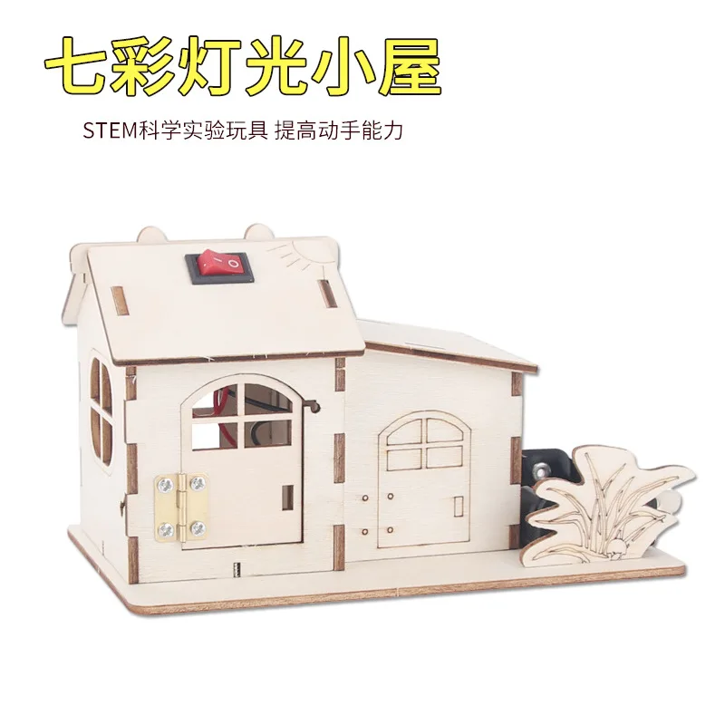 

DIY Colored Light Wooden House, Children's Fight Inserting Toys, Scientific Handmade Small Production