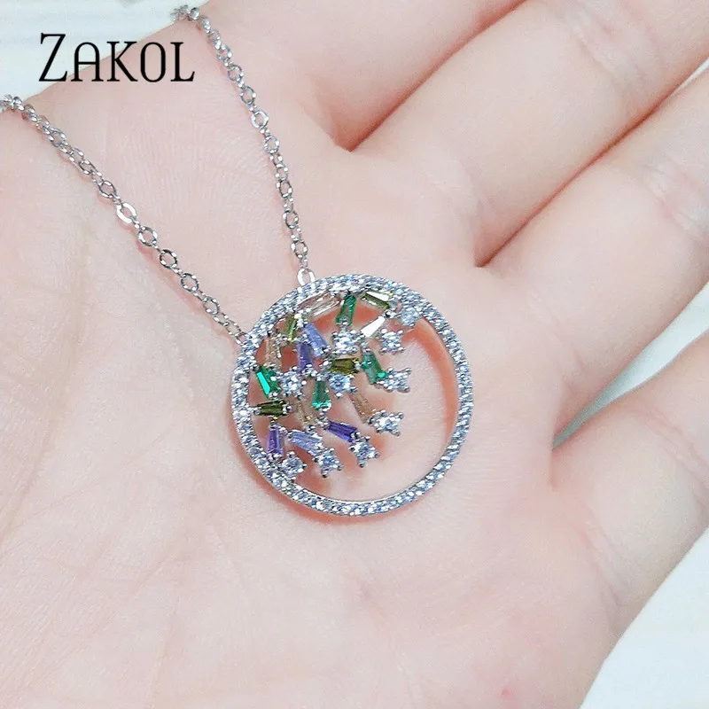 ZAKOL Модные Разноцветные Подвески с изображением дерева, циркония для женщин, белое золото, кристалл, свадебные украшения, подарок, FSNP2039