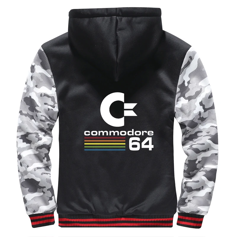 

2021 Commodore 64 Men Winter Printed Plus Velvet Thicken College Zipper Jacket Sport Hoodies Outerwear Male Coat