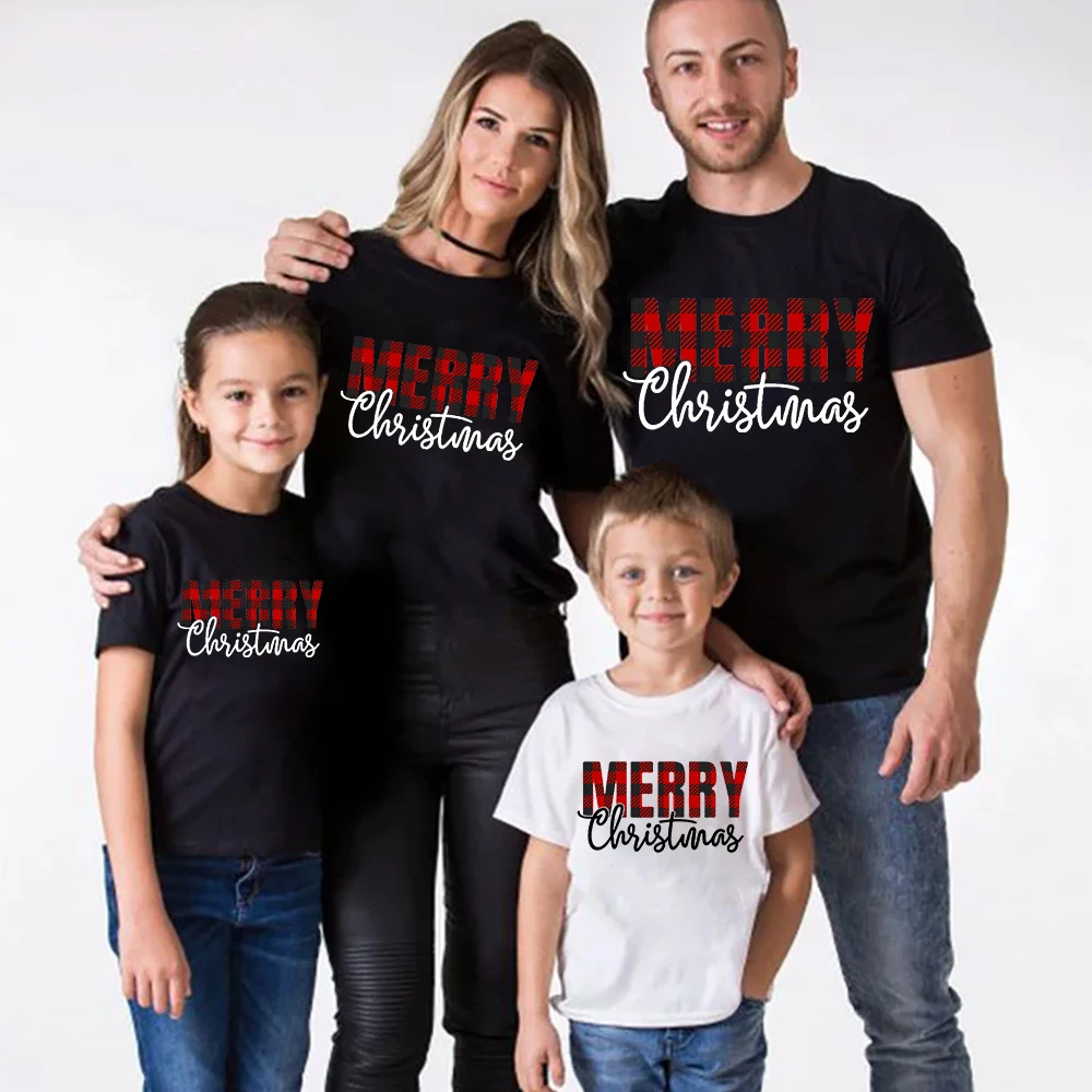 

Merry Christmas Family Matching Look Short Sleeve Women Graphic Red Plaid Printed Tops Tees Harajuku Casual Tshirts Xmas Gifts