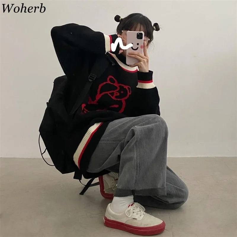 Женский жаккардовый свитер Woherb в стиле Харадзюку с готическим медведем черный