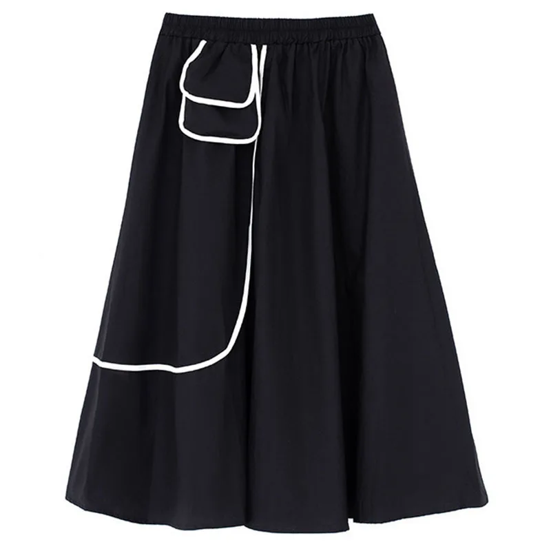 

DEAT High Elastic Waist Half-body A-line Skirt Women Black Patchwork Pocket Loose Fit Fashion Tide New Summer 2021 7E0807