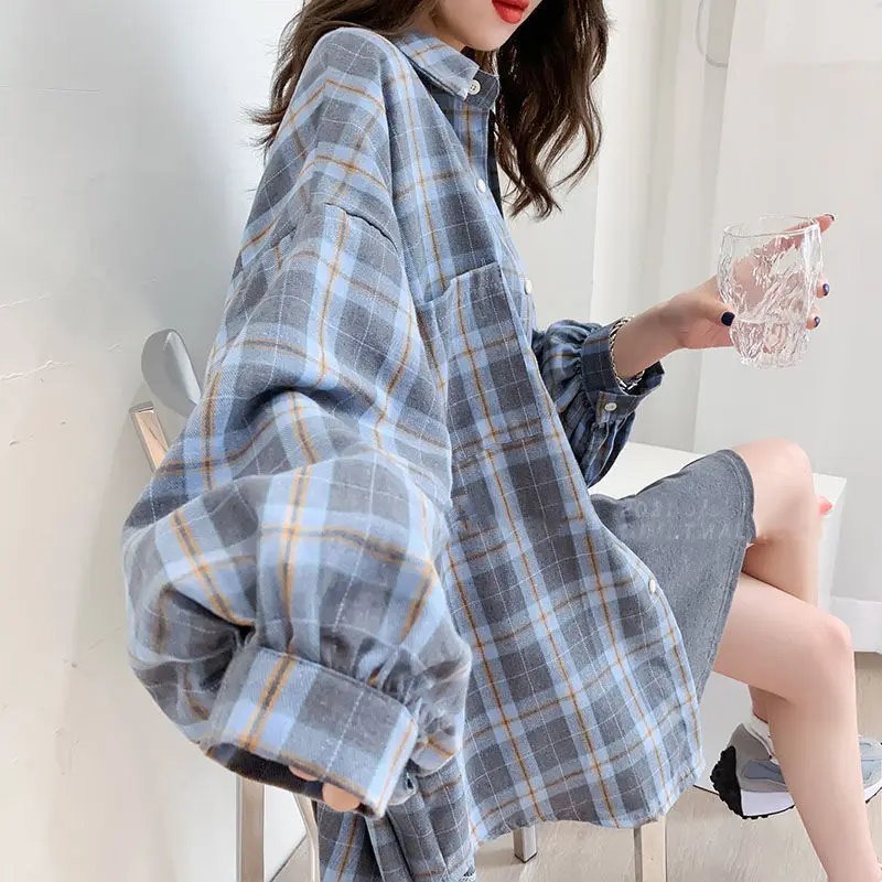 

QWEEK Autumn Plaid Shirt Women Checked Print Blouses Ladies Blue Button Up Coat Long Sleeve Yellow Top Warm Fall 2021 Vintage