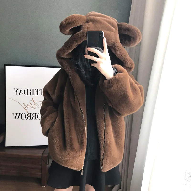 

New winter fur thick plush cute hooded brown bear ears imitation rex rabbit fur short zipper jacket women za