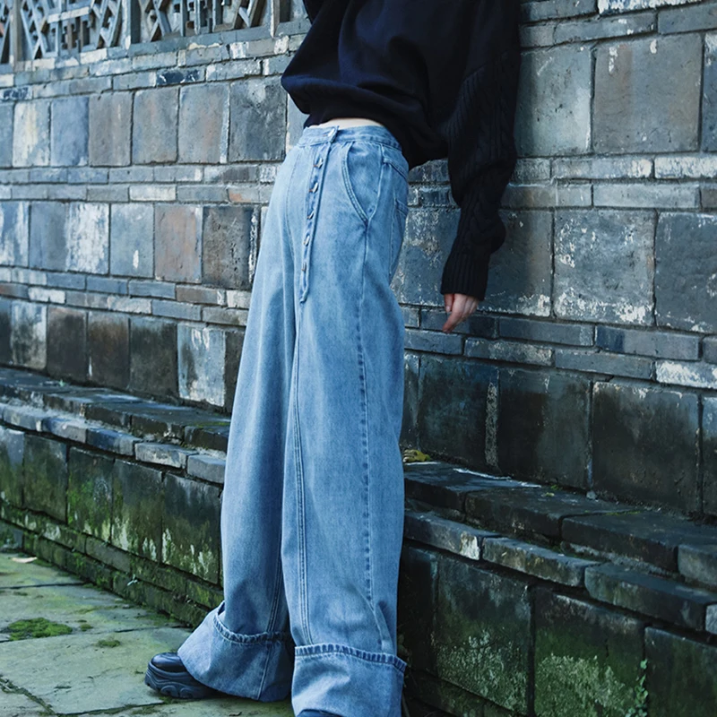 

SHENGPALAE Personality Button Jeans Women's Spring Autumn 2021 New High Waist Loose Straight Wide Leg Cuffs Denim Pants Female
