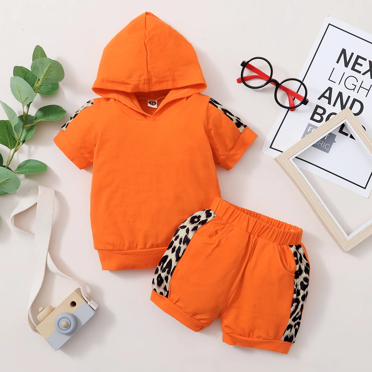

Toddler Infant Kid Baby Boy Clothes Sets Hoodie T-shirt Tops Short Sleeve Hooded Shorts Summer Outfit Clothing Set Leopard Print