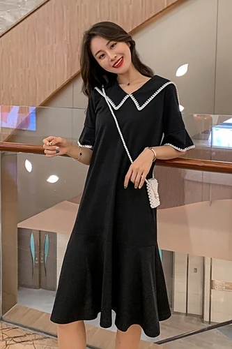 Летнее свободное Черное женское платье с коротким рукавом большие размеры