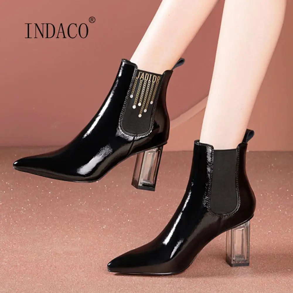 

2021New женские кожаные сапоги; Осенняя обувь; Ботильоны на высоком каблуке; Женские сапоги на плоской подошве, с острым носком, без застежек, Бо...