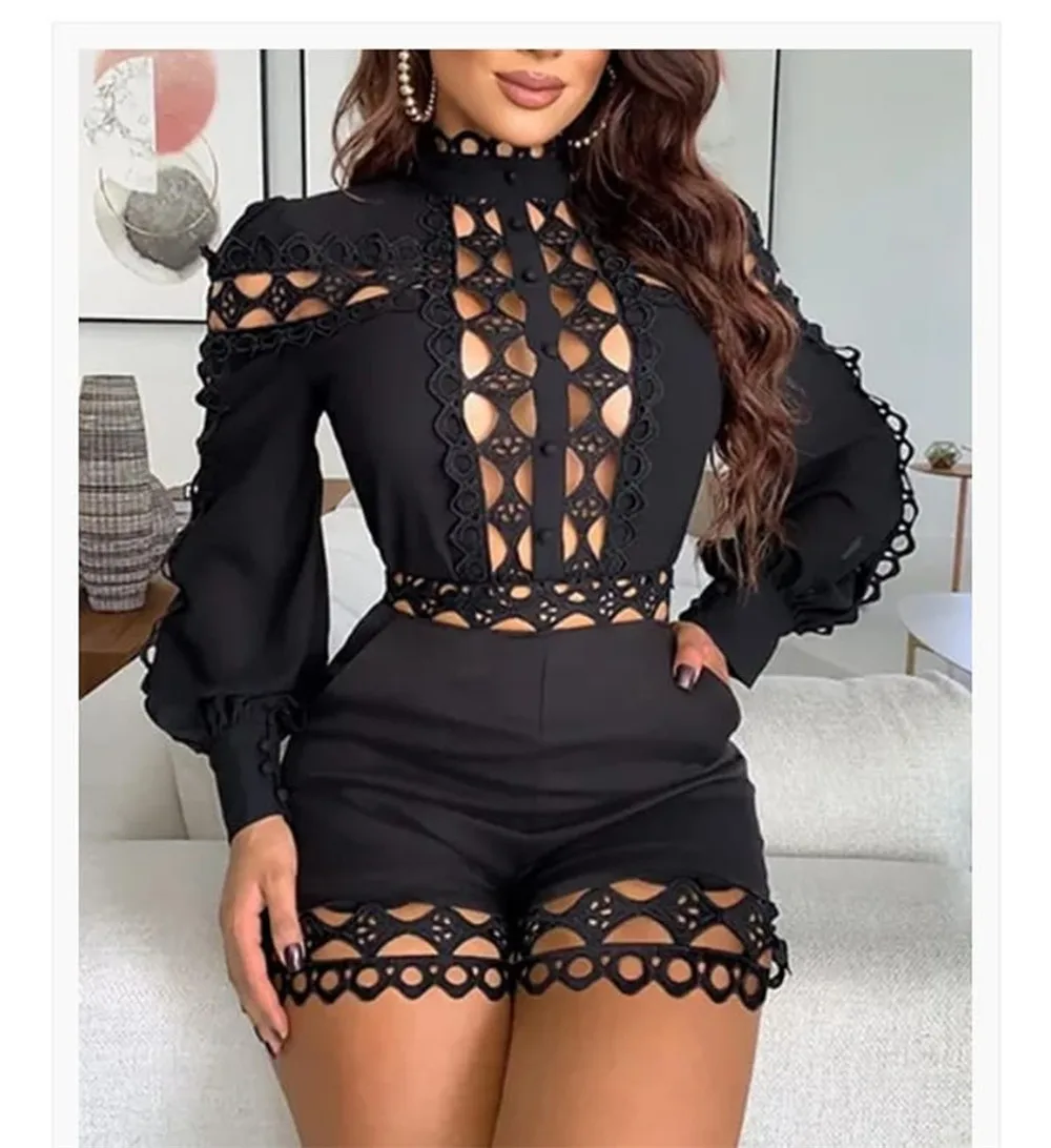 Black White Elegant Playsuits and Jumpsuits Shorts Women Long Sleeve Hollow Out Lace Club Party Rompers Sexy Overalls for Women