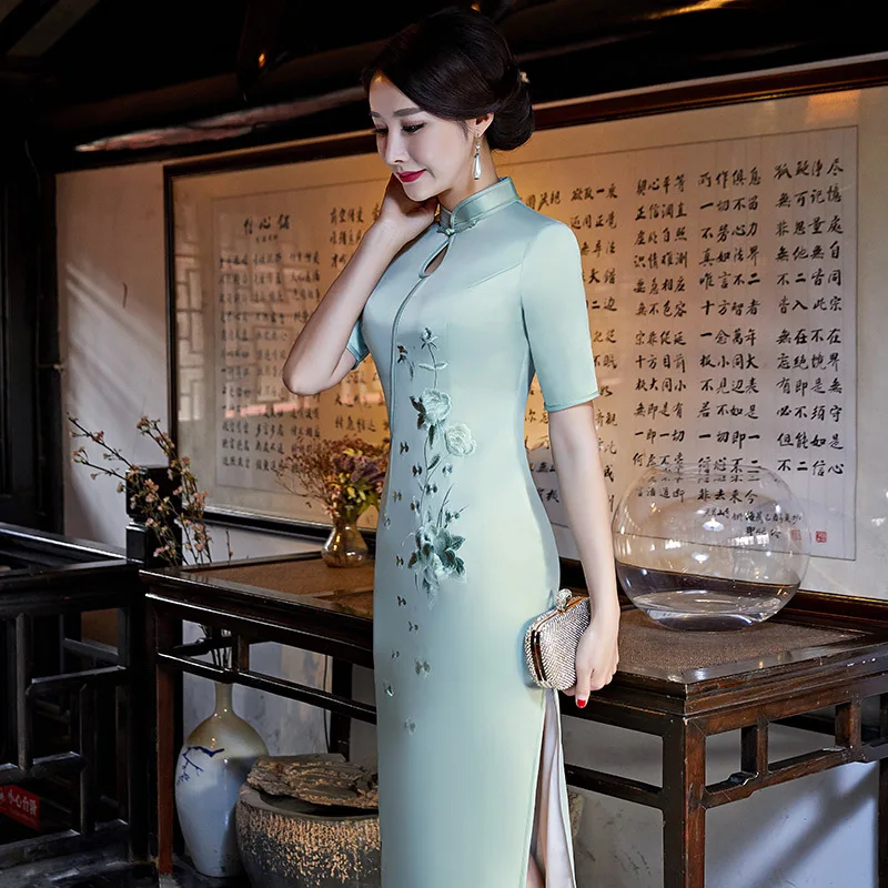 Новое Элегантное зеленое традиционное китайское женское винтажное платье-Ципао