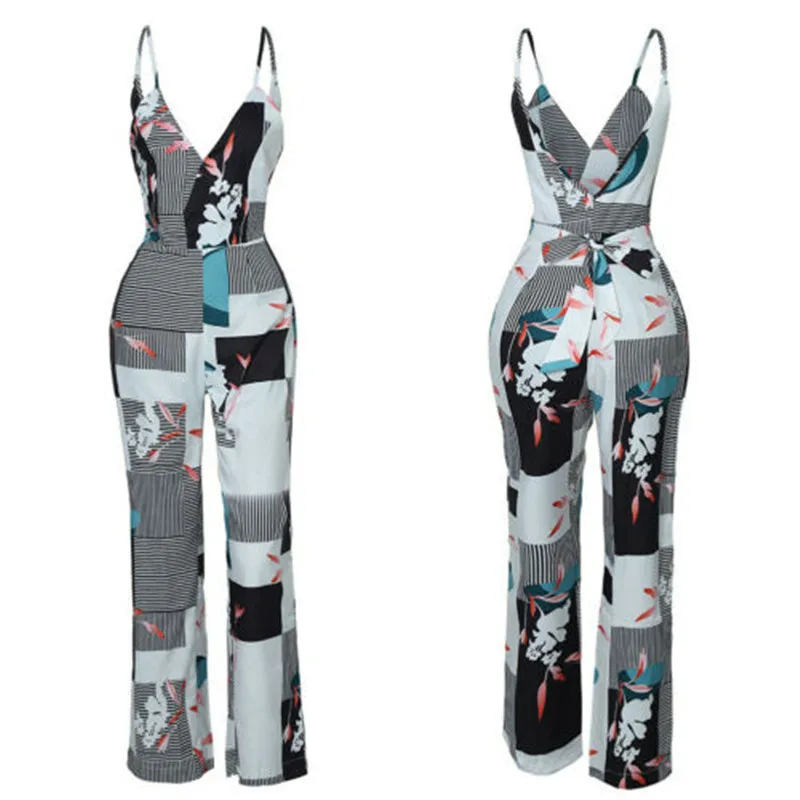 

Women Print Leisure Rompers Summer Sexy V-neck Sling Long Jumpsuits Loose Ladies Clubwear Playsuit Bodycon Party New Jumpsuit