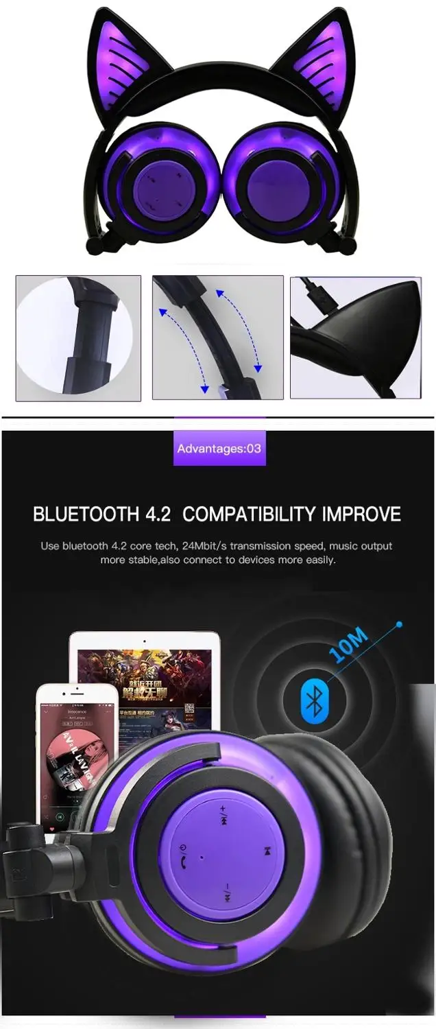 Bluetooth Стерео милые кошачьи наушники мигающие светящиеся игровая гарнитура