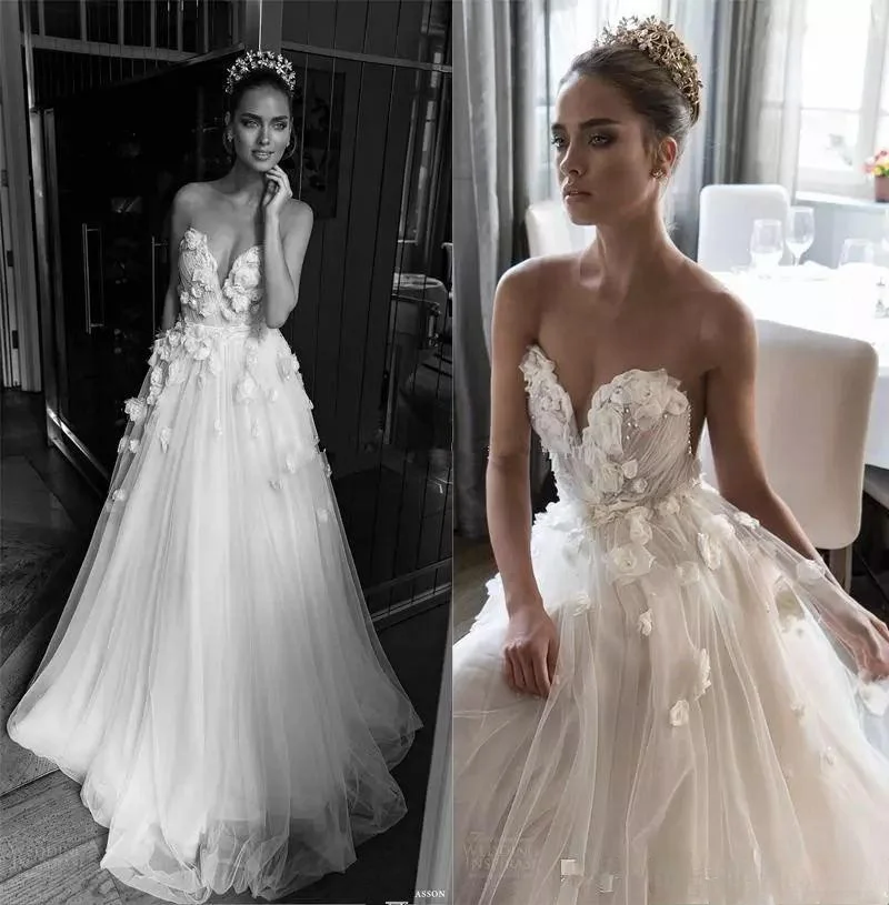 

Sweetheart Embellished Ruched Bodice Wedding Dresses Elihav Sasson Bridal Gown 3D Rose Flower Floor Length Wedding Gowns