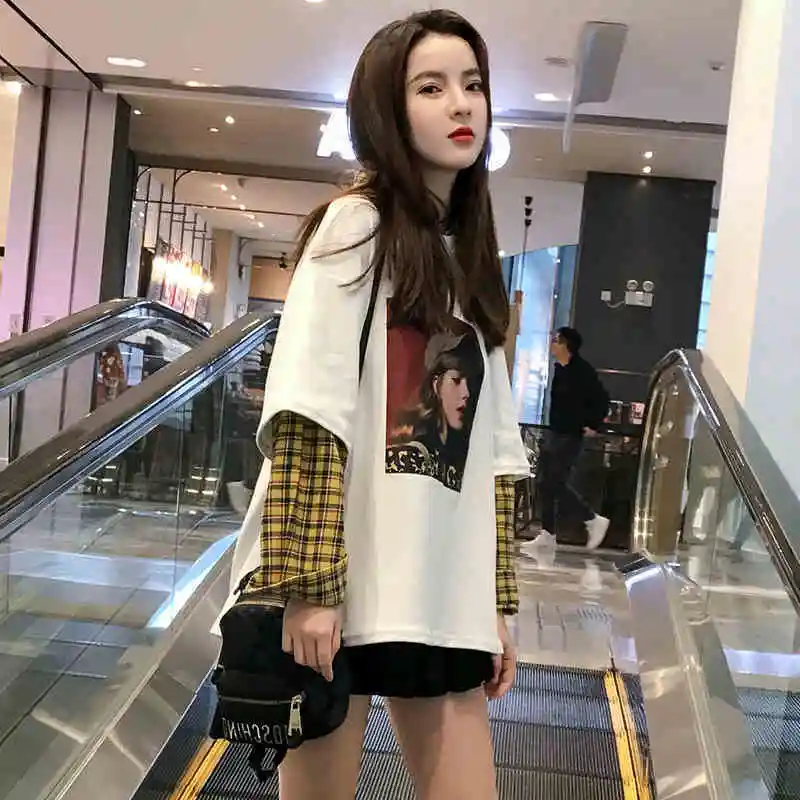 

Fake Two-Piece Stitching Top Thin New Style Long Sleeve Lazy Wind Women's Fashion Loose Korean Spring and Autumn