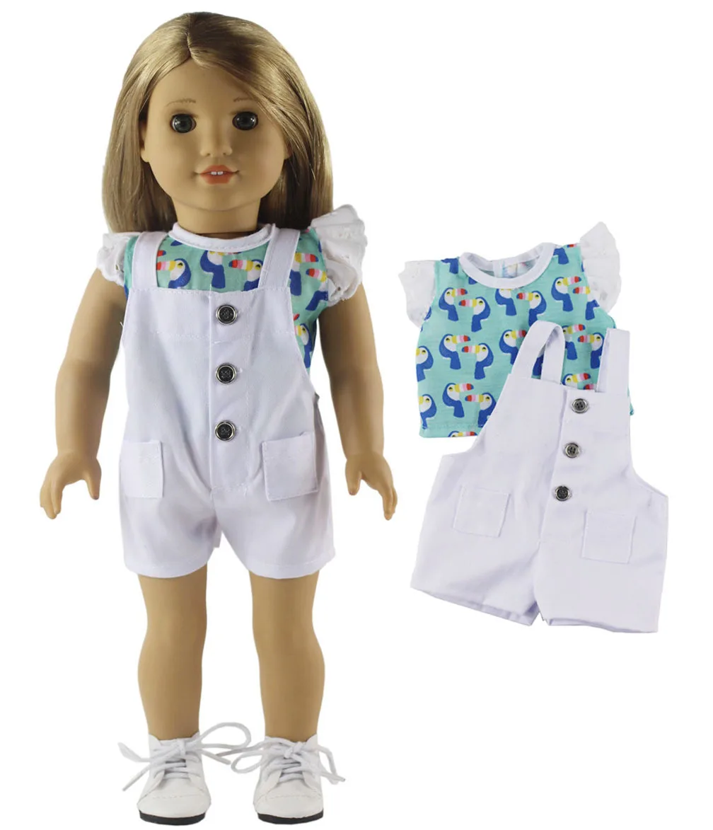 

Новинка 2021, белые подтяжки и штаны + футболка, размер костюма 18 дюймов, американский и 43 см, новорожденный, Одежда для кукол, аксессуары для де...