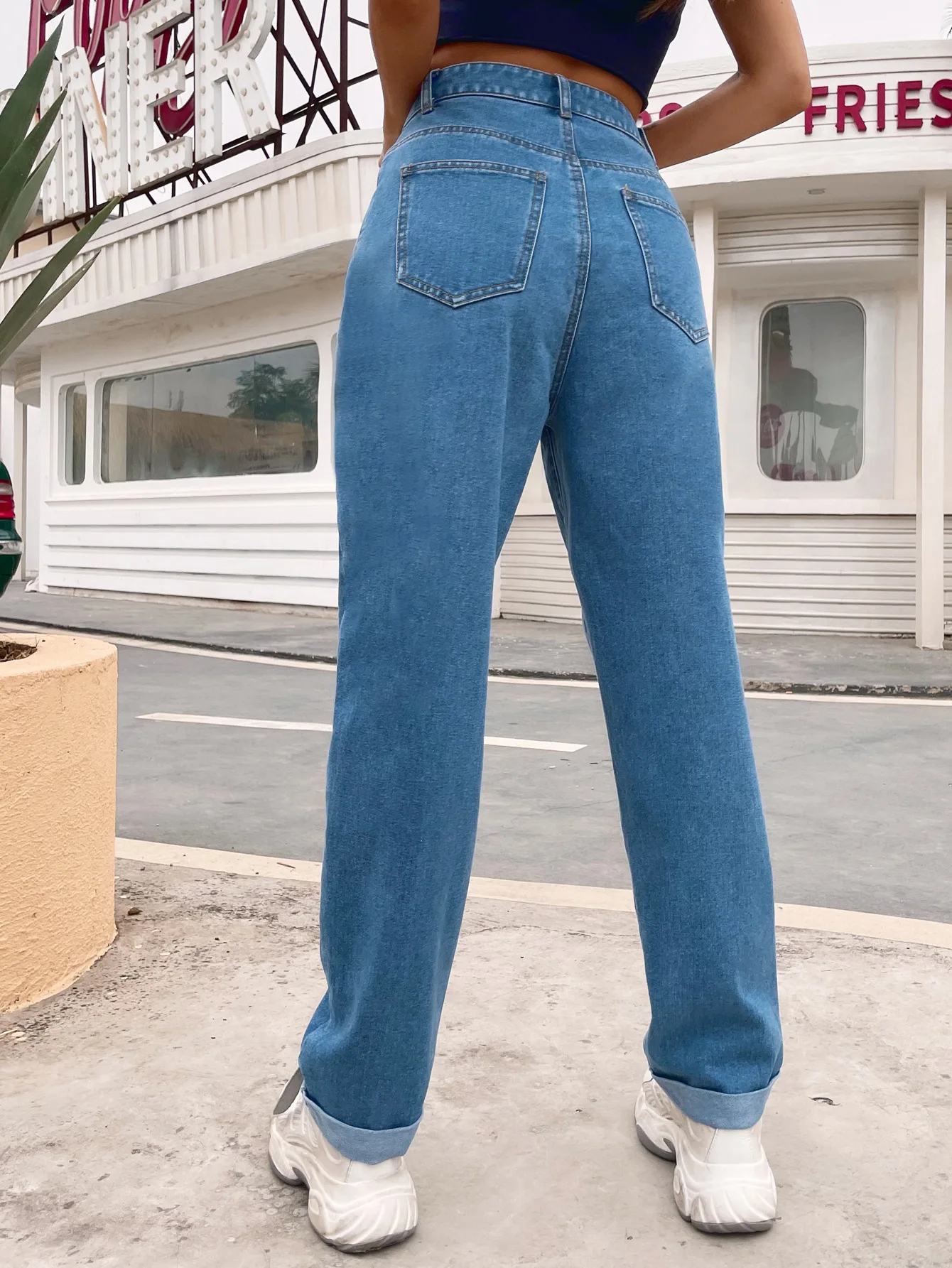 

Women Casual Straight Denim Jeans, Autumn and Winter Adults Solid Color High Waisted Trousers with Pockets Spring Autumn Wear